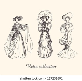 Set with sketches of women in retro clothes. Ladies in vintage dresses. Hand drawn collection of modern women silhouettes