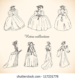 Set with sketches of women in retro clothes. Ladies in historical ball dresses. Drawn collection of women silhouettes. Hand drawn collection of modern women silhouette for magazines, books, cards