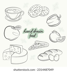 set with sketching images of cup with cofee, donuts, apple, paprika, tomato, bread and cheese