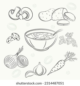 set with sketching images of the ingredients for soup