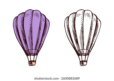 Set of sketch-style hot air balloons, colored and monochrome vintage illustrations