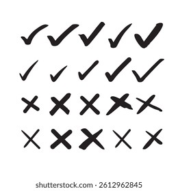 A set of sketchy check and X marks inside circles and boxes in hand-drawn doodle style. Great for web design, planners, notes, decisions, and checklist visuals.