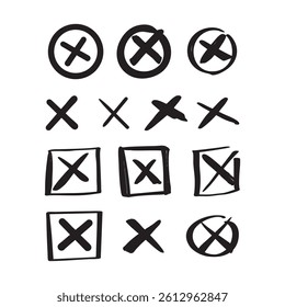 A set of sketchy check and X marks inside circles and boxes in hand-drawn doodle style. Great for web design, planners, notes, decisions, and checklist visuals.