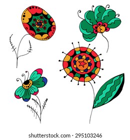 set of sketchy colored doodle flowers. Vector illustration