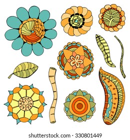 set of sketchy colored doodle flowers. Vector illustration