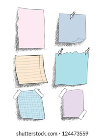 set of  sketchy coloured   paper notes with pin, eps 10