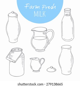 Set of sketchy dairy farm objects. Milk goods clip art. Vector illustration in outline stile