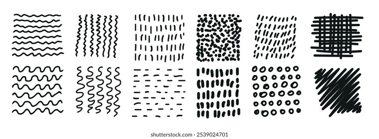 Set of sketchy doodle texture. Pattern, texture, line hand drawn. Hatch drawing pen ink and crosshatch draw pencil sketch. Doodle scratch style. Black shape isolated on white background. 