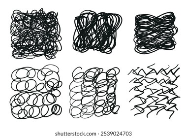 Conjunto de textura de rabiscar crocante. Padrão, textura, desenho à mão. Hachura desenho caneta tinta e desenho de lápis de hachura esboço. Estilo de rabiscar rascunho. Forma preta isolada sobre fundo branco. 