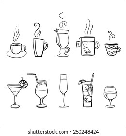 Set of sketchy drinks isolated on white background 