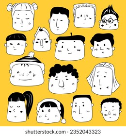 A set of sketchy faces of people with different emotions, depicted in black and white on an orange background