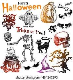 Set of sketchy Halloween icons, isolated on white