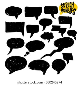 Set of sketchy hand drawn speech bubbles. Vector illustration. Isolated on white background. Freehand drawing.