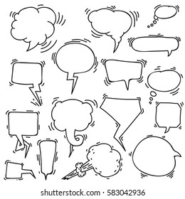 Set of sketchy hand drawn speech bubbles. Vector illustration. Isolated on white background. Freehand drawing.