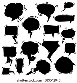 Set of sketchy hand drawn speech bubbles. Vector illustration. Isolated on white background. Freehand drawing.