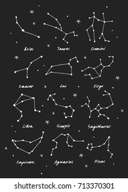 Set of sketchy hand drawn zodiac constellations with stars. Vector symbols isolated on a dark background. Night sky illustration