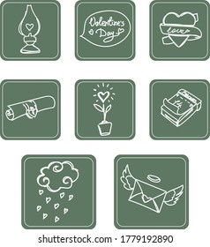 A set of sketchy icons of romantic Valentine's day symbols in a green square.Valentine's day holiday.Vector illustration.Romantic design elements,Continuous white line