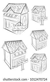 Set of Sketchy Illustration : House for Sale or Rent, Isolated on White
