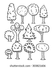 set of sketchy line art trees