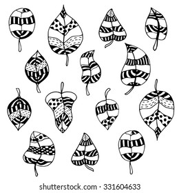 set of sketchy monochrome doodle leafs. Vector illustration