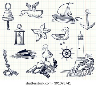 Set with sketchy nautical objects