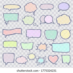 set of sketchy speech bubbles on transparent grid background. hand drawn line with scribble effect style. pastel colors