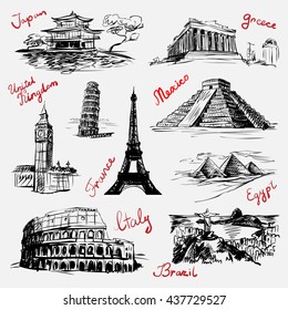 Set of sketchy style drawn isolated illustrations of world famous landmarks (vector)