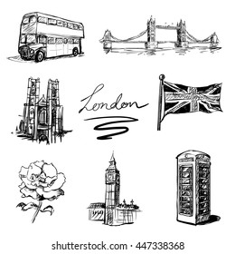Set of sketchy style hand drawn isolated illustrations of world famous landmarks. london symbols. Travel and tourism. Great Britain, England. (vector) Buildings, architecture.