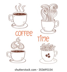 Set of sketchy vector illustrations. Doodle cups of coffee isolated on white background. 