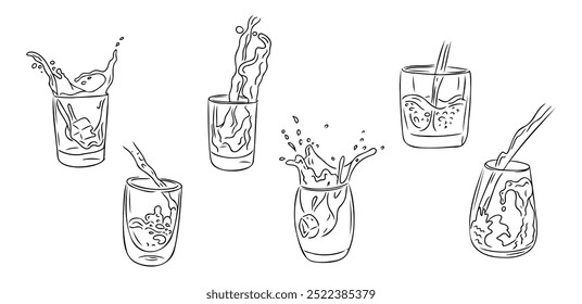 Set of sketchy water splashes and pouring in glasses. Black outline doodles isolated on white background. Ideal for coloring pages, tattoo, pattern