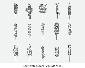 set of skewered street foods outline icon.grill menu on stick vector design