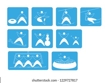 Set of ski cable lift icons for ski and winter sports. Design for tourist catalog, maps of the ski slopes, placard, brochure, flyer, booklet. Vector illustration.