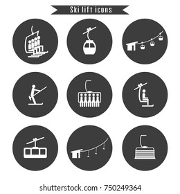 Set of ski cable lift icons for ski and winter sports. Design for tourist catalog, maps of the ski slopes, placard, brochure, flyer, booklet. Vector illustration.