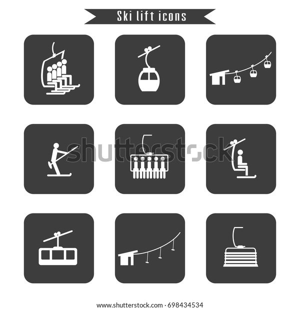 Set of ski cable lift icons\
for ski and winter sports. Design for tourist catalog, maps of the\
ski slopes, placard, brochure, flyer, booklet. Vector\
illustration.