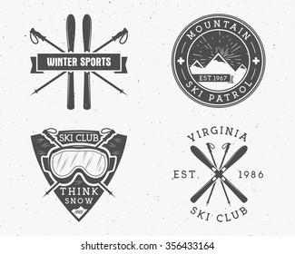 Set of Ski Club, Patrol Labels. Vintage Mountain winter camp explorer badges. Outdoor adventure logo design. Travel hand drawn and hipster insignia. Snowboard icon symbol. Wilderness, climbing Vector