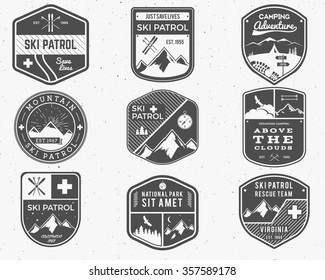 Set of Ski Club, Patrol Labels. Vintage Mountain winter camp explorer badges. Outdoor adventure logo design. Travel hand drawn and hipster monochrome insignia. Snowboard icon symbol. Wilderness Vector