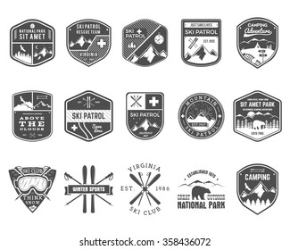 Set of Ski Club Patrol Labels. Vintage Mountain winter camp explorer badges. Outdoor adventure logo design. Travel hand drawn and hipster monochrome insignia. Snowboard icon symbol. Wilderness Vector.