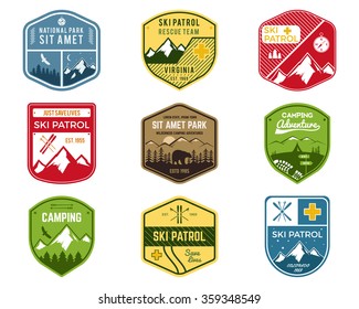 Set of Ski Club, Patrol Labels. Vintage Mountain winter camping explorer badges. Outdoor adventure logo design. Travel hand drawn and hipster color insignia. Snowboard icon symbol. Wilderness. Vector.