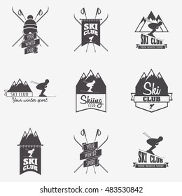 Set of ski club, Patrol Labels. Bundle of vintage mountain winter camp explorer badges. Outdoor adventure logo design.