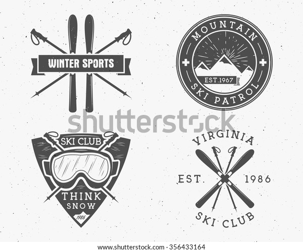 Set of Ski Club, Patrol Labels. Vintage Mountain\
winter camp explorer badges. Outdoor adventure logo design. Travel\
hand drawn and hipster insignia. Snowboard icon symbol. Wilderness,\
climbing Vector