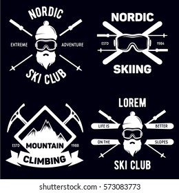 Set of Ski Club. Vintage Mountain winter badges. Outdoor adventure logo design. Travel hand drawn and hipster insignia. Snowboard icon symbol.Vector illustration