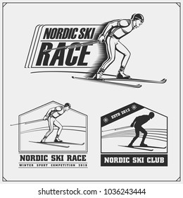 Set of ski emblems with athletes. Winter sport. 