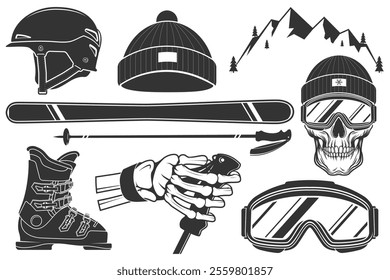 Set of ski Equipment. Vector. Ski glasses, skull, skeleton hand holding ski pole, boots, skis, helmet, goggles, mountain. Design element for label, badge, emblem, sign.