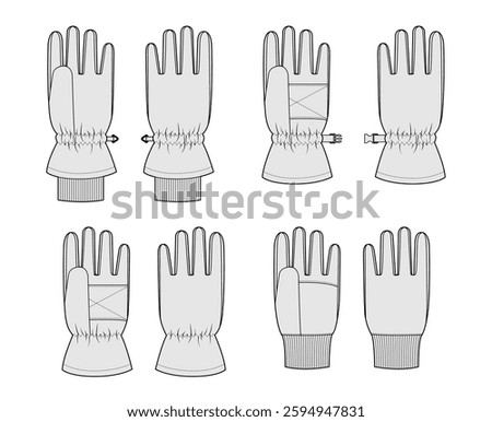 Set of Ski Gloves Igloos Insulated Core Fashion hand accessory clothing technical illustration garment. Vector for Men, women, unisex style flat template CAD mockup sketch outline on white background