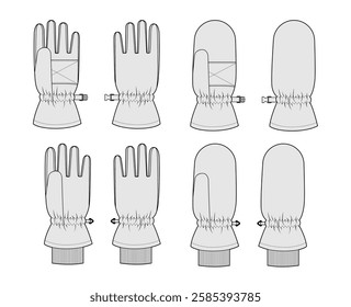 Set of Ski Gloves Igloos and Mittens Insulated Core Fashion hand accessory clothing technical illustration garment. Vector for Men, women, unisex style flat template CAD mockup sketch outline on white