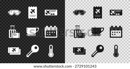 Set Ski goggles, Airline ticket, Key, Meteorology thermometer, Suitcase and Coffee cup icon. Vector