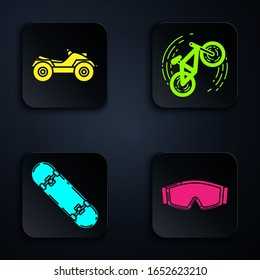 Set Ski goggles, All Terrain Vehicle or ATV motorcycle, Skateboard trick and Bicycle trick. Black square button. Vector