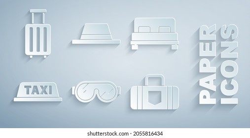 Set Ski goggles, Big bed, Taxi car roof, Suitcase, Man hat with ribbon and  icon. Vector