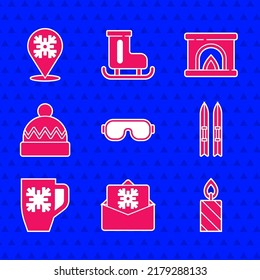 Set Ski goggles, Christmas postcard, Burning candle, sticks, Coffee cup with snowflake, Winter hat, Interior fireplace and Snowflake icon. Vector