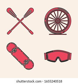 Set Ski goggles, Crossed paddle, Bicycle wheel and Skateboard trick icon. Vector